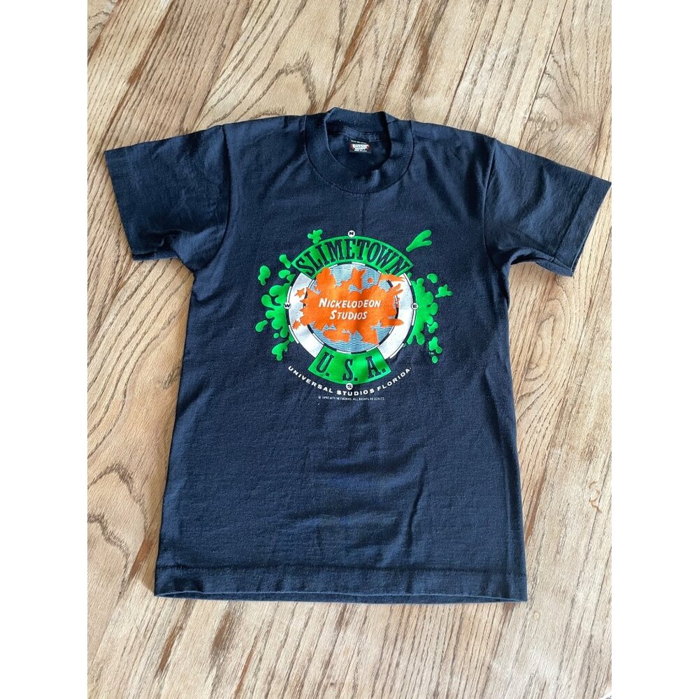 VTG 90s Nickelodeon Studios Slimetown USA Youth 14/16 Black Screen Star Best